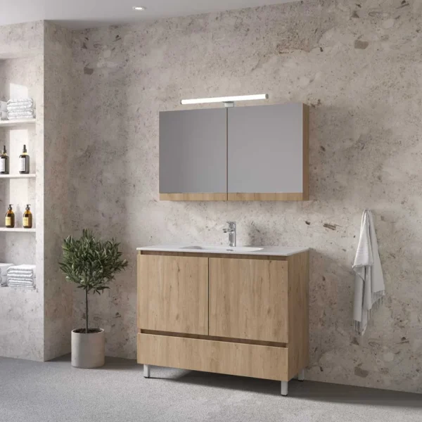 Royal Bath Malaga 100 Έπιπλο Μπάνιου Επιδαπέδιο - Με Καθρέπτη Ντουλάπι, Φυσικό Ξύλο