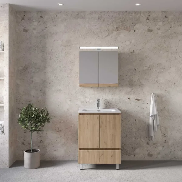 Royal Bath Malaga 60 Έπιπλο Μπάνιου Επιδαπέδιο - Με Καθρέπτη Ντουλάπι, Φυσικό Ξύλο