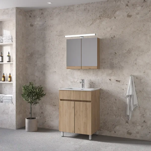 Royal Bath Toledo 60 Έπιπλο Μπάνιου Επιδαπέδιο - Με Καθρέπτη Ντουλάπι, Φυσικό Ξύλο